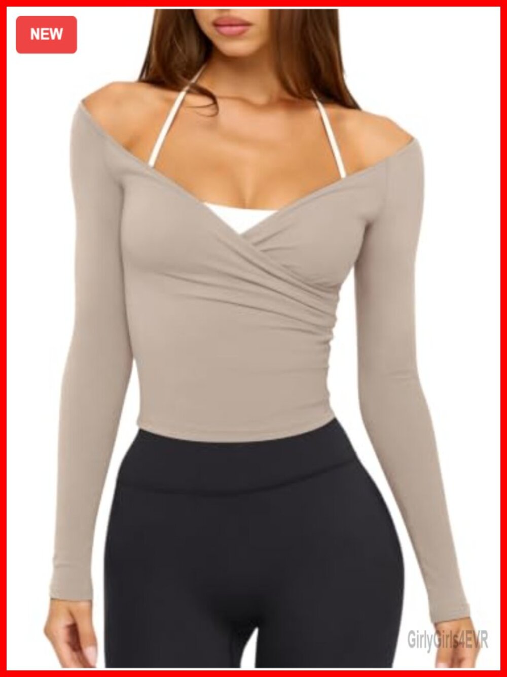 V-Neck Long Sleeve Workout Top Cross Wrap Off Shoulder Crop Athletic